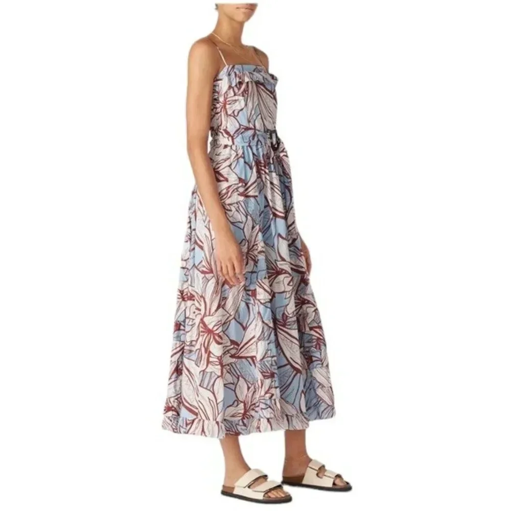 NICHOLAS Julie Cotton Floral Midi Dress Ruffle Detail and Pockets Blue Size 2
